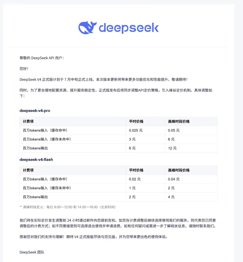 DeepSeek V4 official launch pricing poster outlining peak and off-peak hours