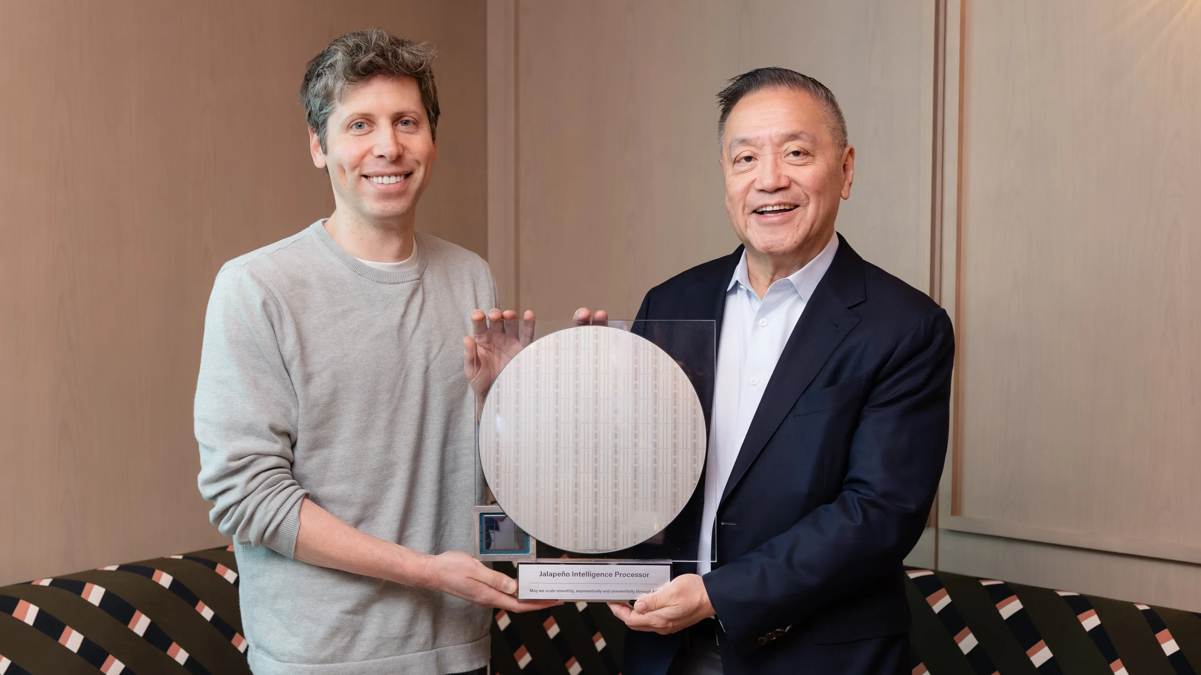 OpenAI and Broadcom leaders display the newly taped-out Jalapeño custom inference chip