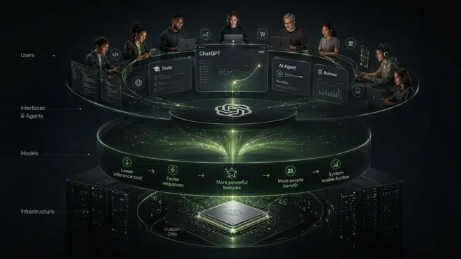 OpenAI’s full-stack infrastructure flywheel showing how custom hardware drives compute efficiency and model performance
